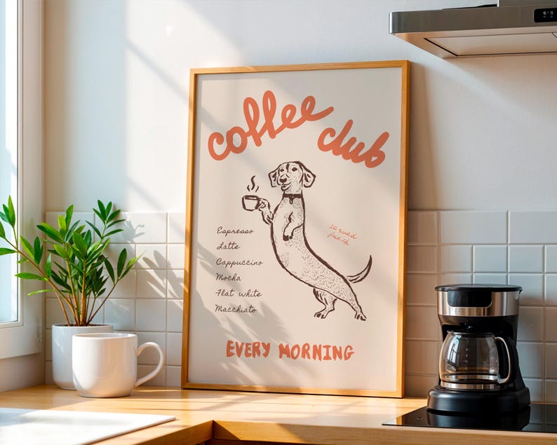 Neutral Coffee Club Poster, Dachshund Lover Wall Art, Retro Style Kitchen Decor, Vintage Coffee Bar Print, Typography Art, Digital Download