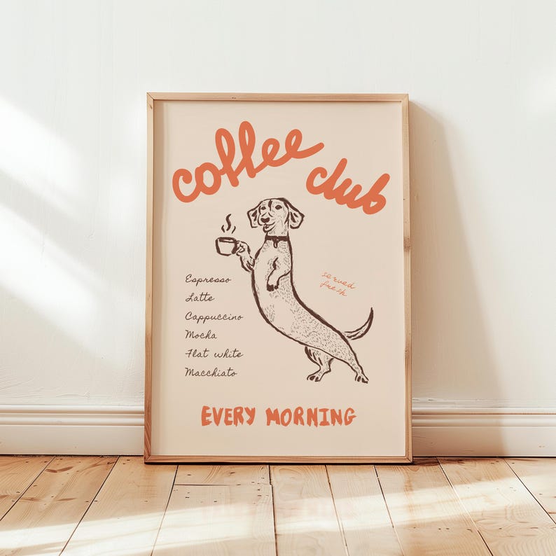 Neutral Coffee Club Poster, Dachshund Lover Wall Art, Retro Style Kitchen Decor, Vintage Coffee Bar Print, Typography Art, Digital Download