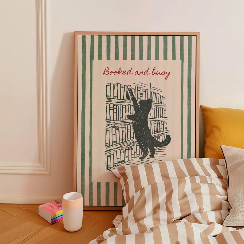 Aesthetic library poster with cat and books