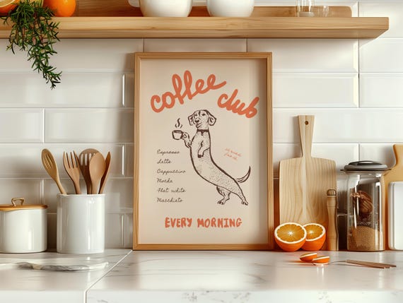 Neutral Coffee Club Poster, Dachshund Lover Wall Art, Retro Style Kitchen Decor, Vintage Coffee Bar Print, Typography Art, Digital Download