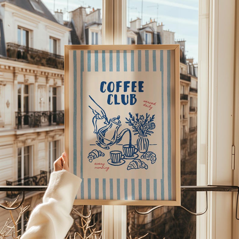 Blue kitchen wall decor coffee club print