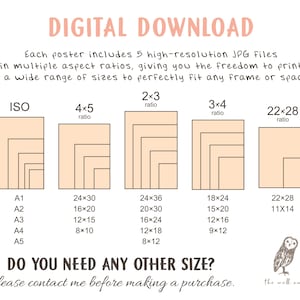 Op de afbeelding: Digitale download poster met verschillende beeldverhoudingen en maten, waaronder A1, A2, A3, A4 en A5, evenals opties van 61x76, 61x91, 46x61 en 56x71 cm. De afbeelding bevat de tekst "DIGITALE DOWNLOAD".