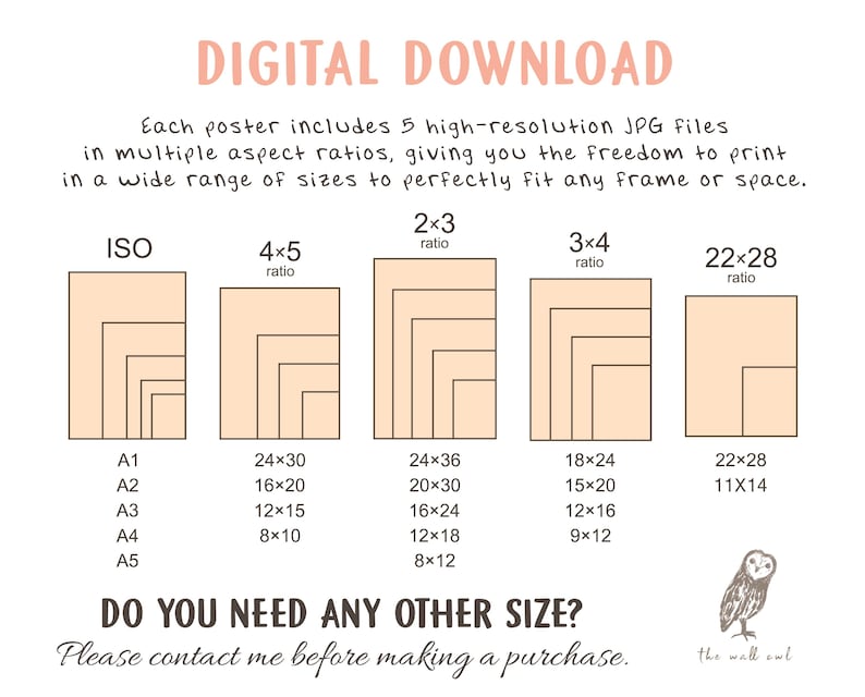 Op de afbeelding: Digitale download poster met verschillende beeldverhoudingen en maten, waaronder A1, A2, A3, A4 en A5, evenals opties van 61x76, 61x91, 46x61 en 56x71 cm. De afbeelding bevat de tekst "DIGITALE DOWNLOAD".