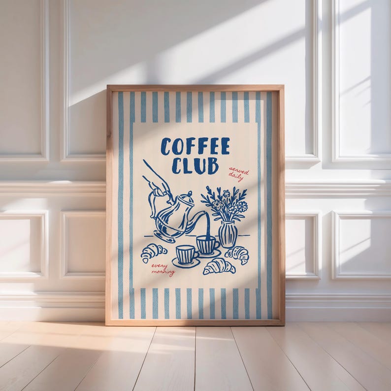 Coffee Club wall art with blue striped retro background