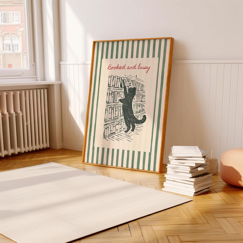 Cat reading poster with green striped vintage background