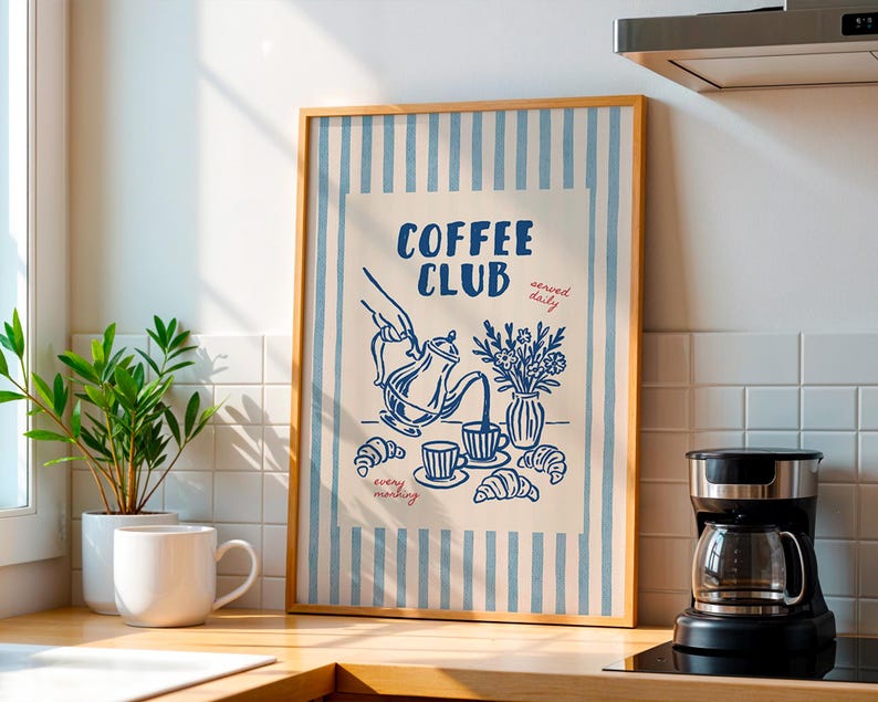 Retro coffee club print with teapot and cups illustration