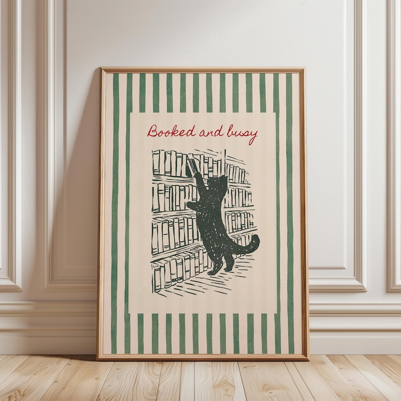 Library cat illustration aesthetic book poster