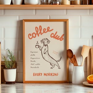 Neutral Coffee Club Poster, Dachshund Lover Wall Art, Retro Style Kitchen Decor, Vintage Coffee Bar Print, Typography Art, Digital Download