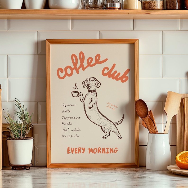 Neutral Coffee Club Poster, Dachshund Lover Wall Art, Retro Style Kitchen Decor, Vintage Coffee Bar Print, Typography Art, Digital Download