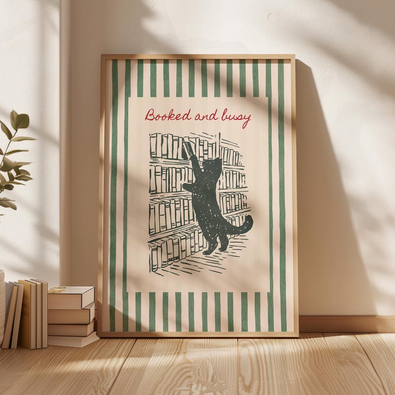 Booked and busy wall art with cat in library illustration