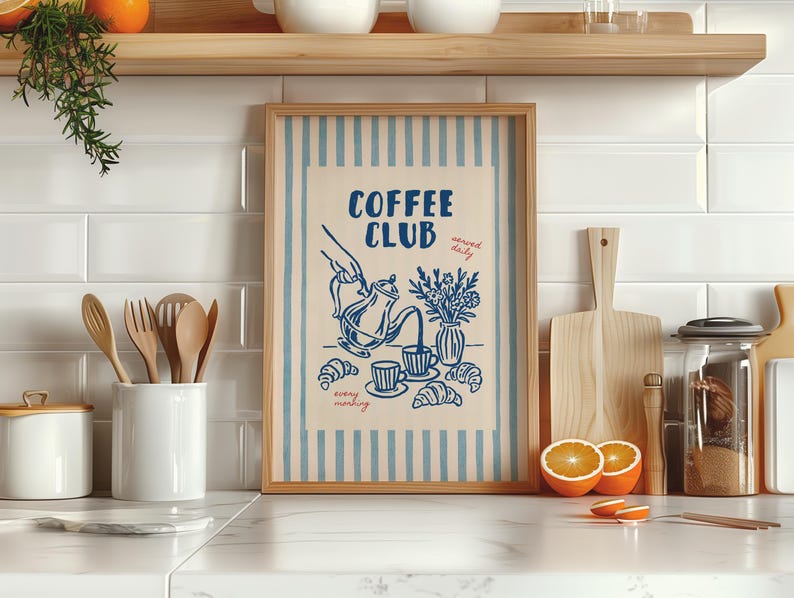 Blue striped coffee wall art printable for home cafe