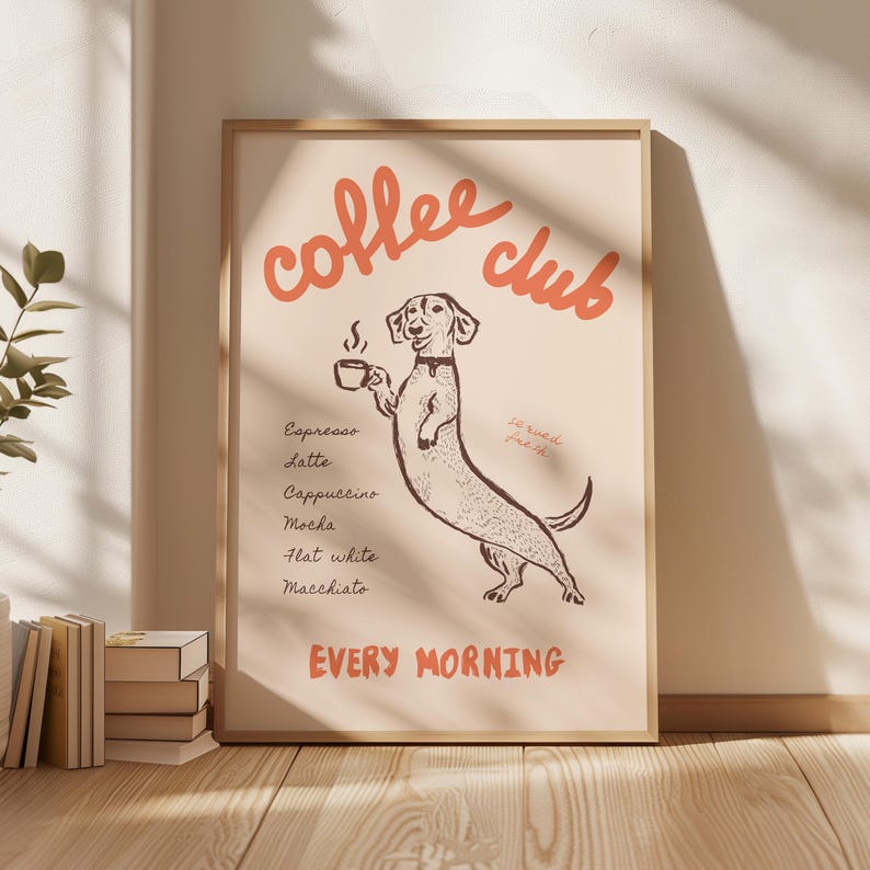 Neutral Coffee Club Poster, Dachshund Lover Wall Art, Retro Style Kitchen Decor, Vintage Coffee Bar Print, Typography Art, Digital Download