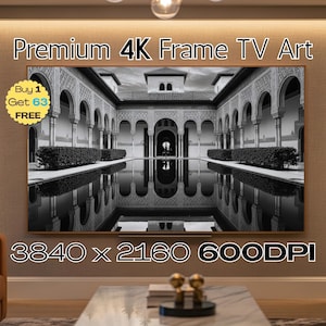 May include: A black and white image of a framed 4K TV art piece. The artwork depicts a courtyard with arched walkways, reflecting in a still pool of water. Text on the image reads "Premium 4K Frame TV Art", "Buy 1 Get 63 FREE", and "3840 x 2160 600DPI".