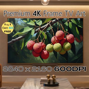 May include: A framed 4K TV art piece displays a vibrant painting of lychee fruit. The artwork features red and green lychees hanging from a branch with green leaves. The text "Premium 4K Frame TV Art" is at the top.