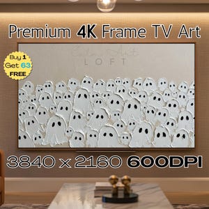 Op de afbeelding: Een ingelijst 4K TV-kunstwerk met een getextureerde, gebroken witte achtergrond met een veelvoud aan witte spookachtige figuren met zwarte ogen. Het kunstwerk is gelabeld "Calm Art Loft" en heeft de afmetingen 3840 x 2160 600DPI.