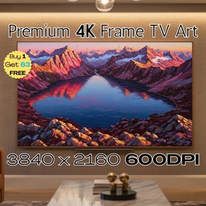 May include: A rectangular 4K frame TV art piece displays a landscape painting of a mountain range and a lake. The artwork features a color palette of pink, purple, and blue. The text "Premium 4K Frame TV Art" and "3840 x 2160 600DPI" are visible.