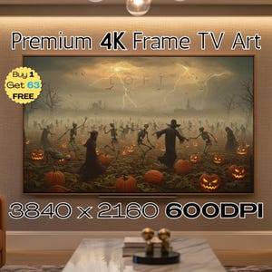 May include: A framed 4K TV art piece with a Halloween theme. The artwork depicts a spooky scene with skeletons, jack-o'-lanterns, and figures in cloaks under a stormy sky. The text "Premium 4K Frame TV Art" is at the top.