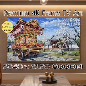 May include: A digital painting of a Japanese festival float with intricate gold and red details, set against a backdrop of a traditional temple and cherry blossom trees. The image is labeled "Premium 4K Frame TV Art."