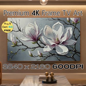 Puede incluir: Una obra de arte para TV 4K enmarcada con flores de magnolia blancas y moradas sobre ramas grises. La obra tiene una resolución de 3840 x 2160 y 600 DPI. El texto "Premium 4K Frame TV Art" está en la parte superior.