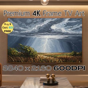 May include: A framed 4K TV art piece displays a dramatic landscape painting of a storm. The artwork features a lightning strike, dark clouds, and a field of tall grass. The text "Premium 4K Frame TV Art" is at the top.