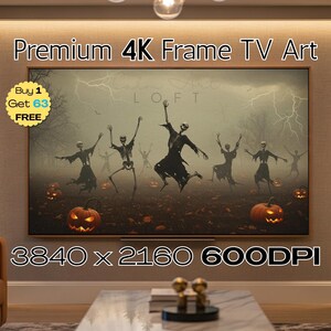 May include: A large screen displays a Halloween-themed digital artwork. The image features dancing skeletons, glowing jack-o'-lanterns, and a stormy sky. Text on the screen reads "Premium 4K Frame TV Art", "Buy 1 Get 63 FREE", and "3840 x 2160 600DPI".