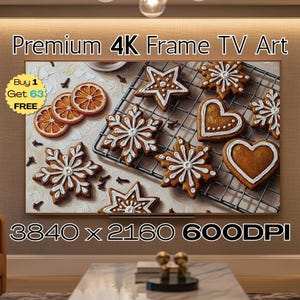 May include: A digital art print for a 4K frame TV featuring a festive arrangement of gingerbread cookies in star, snowflake, and heart shapes, with orange slices. The artwork is set against a neutral background.