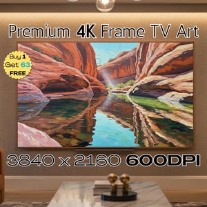 May include: A framed 4K TV art piece shows a landscape painting of a canyon with red rock formations and a reflective body of water. The artwork is labeled "Premium 4K Frame TV Art" and has a resolution of 3840 x 2160 600DPI.