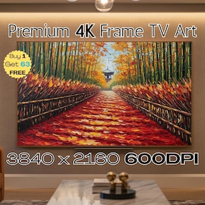 Puede incluir: Una obra de arte enmarcada para TV 4K muestra una vibrante escena otoñal. Un camino bordeado de bambú y follaje rojo conduce a una pagoda. La obra se titula "Premium 4K Frame TV Art" y tiene una resolución de 3840 x 2160 a 600 DPI.