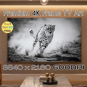 Pode incluir: Imagem a preto e branco de um guepardo a correr por um campo, exibida num ecrã grande. O ecrã está rotulado como "Premium 4K Frame TV Art" com uma resolução de 3840 x 2160 600DPI. Um pequeno gráfico diz "Buy 1 Get 63 FREE".