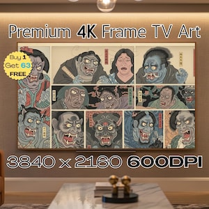 Könnte beinhalten: Ein großes rechteckiges 4K-Rahmen-TV-Kunstwerk mit einem Raster aus neun Tafeln mit japanisch anmutenden Illustrationen grotesker Figuren. Das Kunstwerk hat einen beigen Rahmen und der Text "Premium 4K Frame TV Art" steht oben. Die Auflösung beträgt 3840 x 2160 600 DPI.