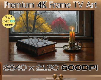 May include: A digital art print displayed on a TV screen, featuring a cozy indoor scene. The artwork depicts a book with glasses, a lit candle, and a window view of autumn trees. The text "Premium 4K Frame TV Art" and "3840 x 2160 600DPI" are visible.