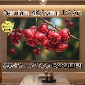 May include: A digital art print for a 4K frame TV, featuring a cluster of vibrant red fruit on a branch against a blurred green background. The image includes the text "Premium 4K Frame TV Art", "Buy 1 Get 63 FREE", and "3840 x 2160 600DPI".