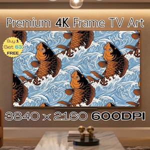May include: A large flat-screen TV displays a repeating pattern of orange and black koi fish swimming in blue and white waves. The text "Premium 4K Frame TV Art" is at the top, with "3840 x 2160 600DPI" at the bottom.