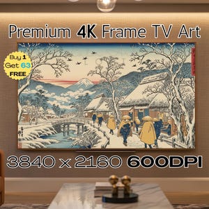 Puede incluir: Una obra de arte para TV 4K enmarcada que muestra un paisaje invernal japonés. La obra presenta un pueblo cubierto de nieve, un puente y figuras con vestimenta tradicional. El texto "Premium 4K Frame TV Art" y los detalles de la resolución son visibles.