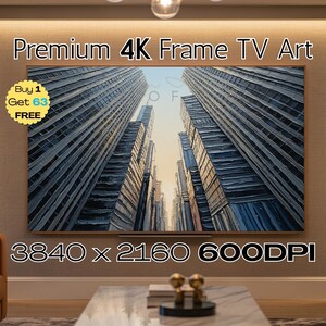 Puede incluir: Una obra de arte rectangular para un televisor 4K Frame, que representa una vista estilizada de edificios altos en tonos azules y grises. La imagen incluye el texto "Premium 4K Frame TV Art", "Buy 1 Get 63 FREE" y "3840 x 2160 600DPI".