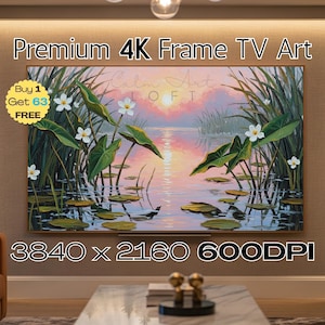Könnte beinhalten: Ein gerahmtes 4K-TV-Kunstwerk mit einer ruhigen Wasserlandschaft mit Seerosen, weißen Blumen und Schilf. Das Kunstwerk mit der Bezeichnung "Calm Art Loft" zeigt einen Sonnenuntergang über dem Wasser. Der Text "Premium 4K Frame TV Art" und "Buy 1 Get 63 FREE" ist enthalten.