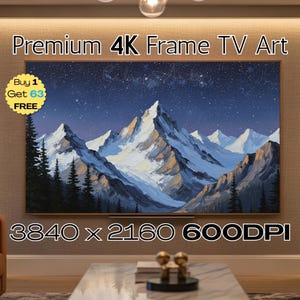 Puede incluir: Una gran pieza rectangular de arte para TV 4K muestra un paisaje montañoso bajo un cielo estrellado. La obra de arte presenta picos nevados, árboles de color verde oscuro y un cielo azul profundo. El texto "Premium 4K Frame TV Art" y "3840 x 2160 600DPI" son visibles.