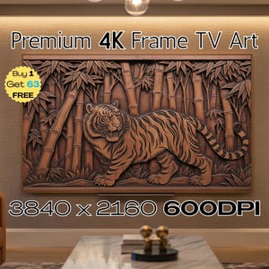May include: A wooden framed 4K TV art piece featuring a detailed carving of a tiger in a bamboo forest. The artwork is in shades of brown and tan, with the text "Premium 4K Frame TV Art" at the top. The resolution is 3840 x 2160 600DPI.