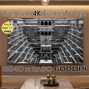 Monochrome Chand Baori Stepwell Indian Geometric Stone Architecture Historic Landmark Symmetry Samsung FrameTV Wall Photo Accent Decor
