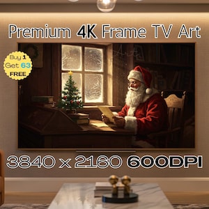 May include: A framed 4K TV art print featuring Santa Claus reading a letter by a window with a Christmas tree. The image has a warm, inviting color palette with a cozy, festive theme. The text on the image reads "Premium 4K Frame TV Art".