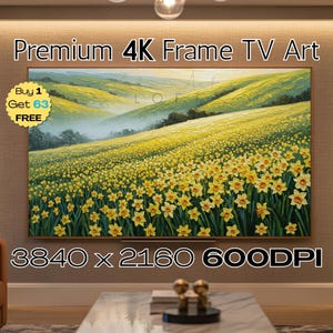 Conjunto de pinturas a óleo com narcisos amarelos, colina ondulante e técnica impasto para Samsung FrameTV. Arte botânica de primavera, narciso, prado, vale, nascer do sol dourado.