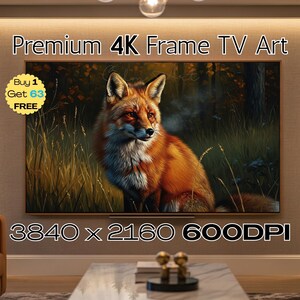 May include: A framed 4K TV art print featuring a detailed painting of a red fox in a forest setting. The fox has orange and white fur, with a focused gaze. The print is labeled "Premium 4K Frame TV Art" and has a resolution of 3840 x 2160.