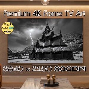 Puede incluir: Imagen en blanco y negro de una iglesia de madera con un rayo en el fondo. La imagen está etiquetada como "Premium 4K Frame TV Art" e incluye el texto "Buy 1 Get 63 FREE". La resolución es de 3840 x 2160.