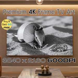 May include: Black and white 4K frame TV art featuring an armadillo and a scorpion in a desert setting. The image is labeled "Premium 4K Frame TV Art" with the dimensions 3840 x 2160 and 600DPI.