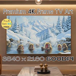May include: A digital art print displayed on a large screen, featuring Japanese macaques bathing in a hot spring. The artwork depicts a snowy mountain landscape with evergreen trees and the text "Premium 4K Frame TV Art".