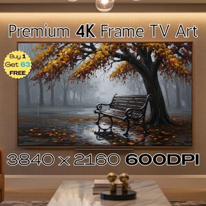 May include: A framed 4K TV art piece displays a park scene with a bench under a tree with yellow and orange leaves. The artwork is set in a misty environment with a resolution of 3840 x 2160 and 600DPI. The text "Premium 4K Frame TV Art" is at the top.