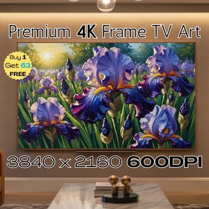Peut inclure: Une œuvre d'art pour téléviseur 4K encadrée représentant une peinture d'iris. L'œuvre présente de grandes fleurs d'iris violettes et bleues détaillées avec des centres jaunes, sur un fond vert et bleu clair. Le texte "Premium 4K Frame TV Art" est en haut.