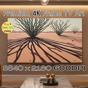 May include: A framed 4K TV art piece featuring a desert landscape with green plants and long shadows. The artwork has a warm color palette with the text "Premium 4K Frame TV Art" at the top and "3840 x 2160 600DPI" at the bottom.