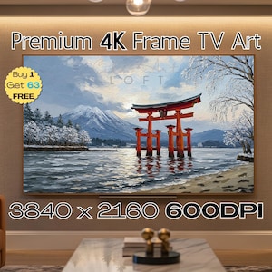 May include: A framed 4K TV art print featuring a serene landscape with a red torii gate in the water, snow-covered trees, and a mountain backdrop. The image has the text "Premium 4K Frame TV Art". The resolution is 3840 x 2160 600DPI.