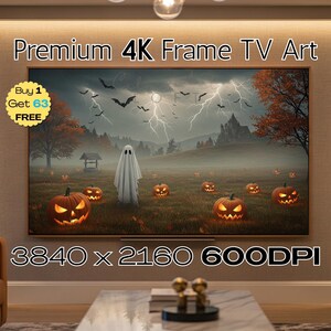 Stämningsfull Mörk Academia Kuslig Halloween Vitt Spöke Snidad Pumpafält Jack O'Lantern Samsung Frame TV-konst 4K Slott Åskväder Fladdermöss
